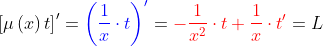 \left [\mu \left ( x \right )t \right ]'={\color{Blue} \left ( \frac{1}{x}\cdot t \right )'}={\color{Red} -\frac{1}{x^{2}}\cdot t+\frac{1}{x}\cdot t'}=L